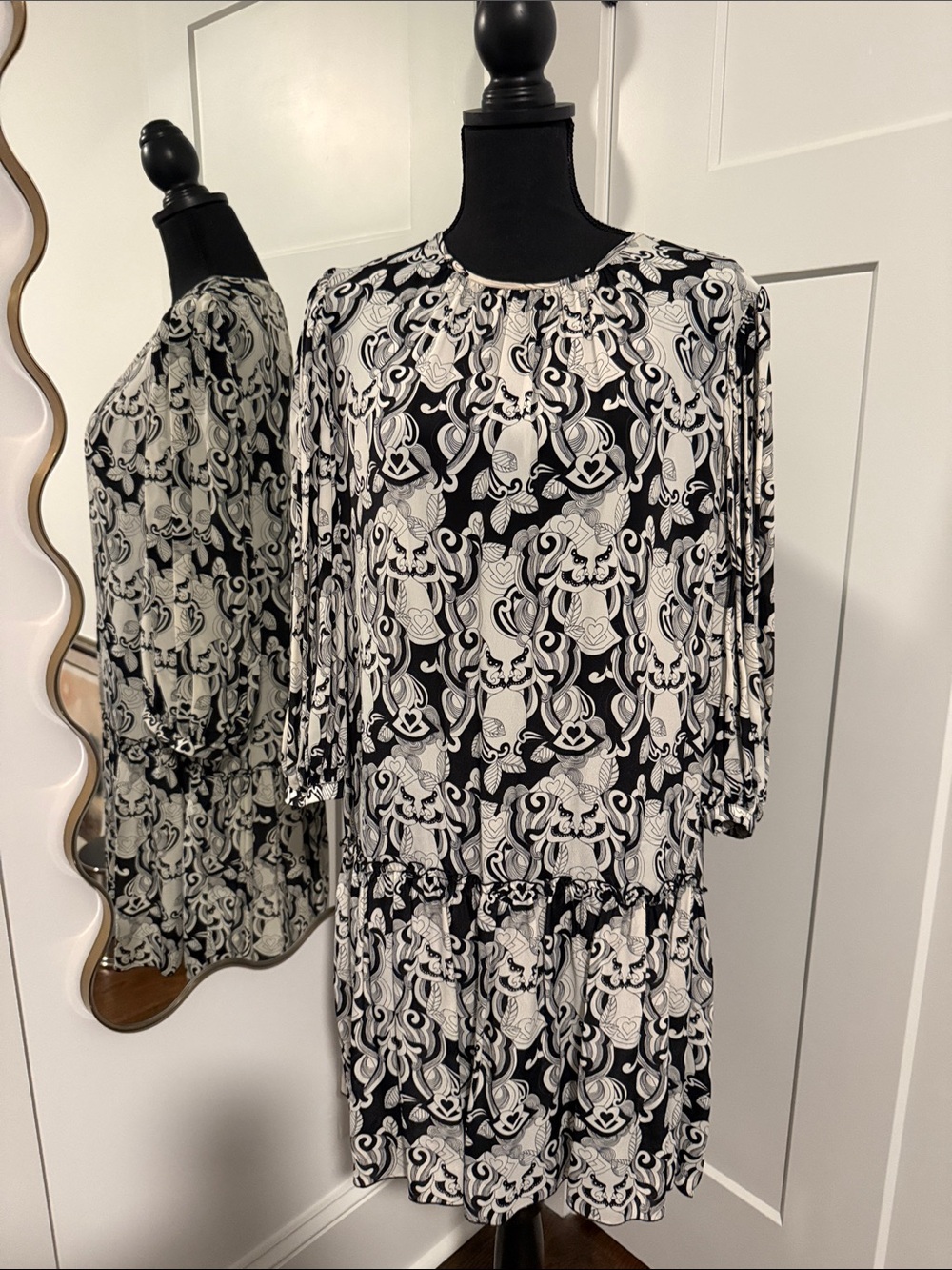 See By Chloe Black and White Patterned Long Sleeve Mini Dress